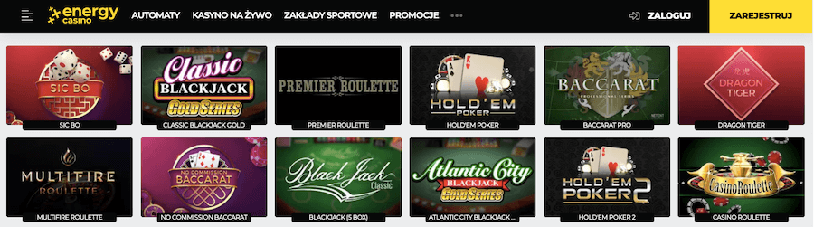 Energy Casino wybór gier stołowych