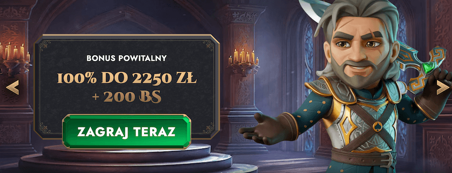 Grafika przedstawia 1 z 3 dostępnych bonusów powitalnych - 100% do 2250 zł i 200 darmowych spinów.