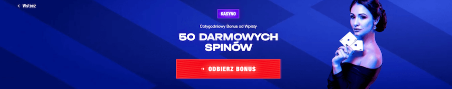 Grafika przedstawia cotygodniową ofertę 50 darmowych spinów za doładowanie konta min. 90 PLN.