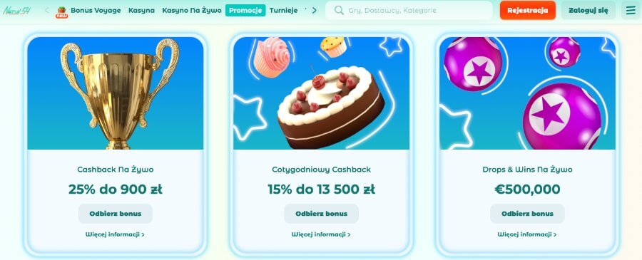 Grafika ukazująca dostępne promocje i bonusy w kasynie Neon54