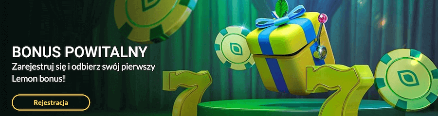 Bonus powitalny Lemon Casino - żółte pudełko - prezent, owinięte niebieską kokardą.