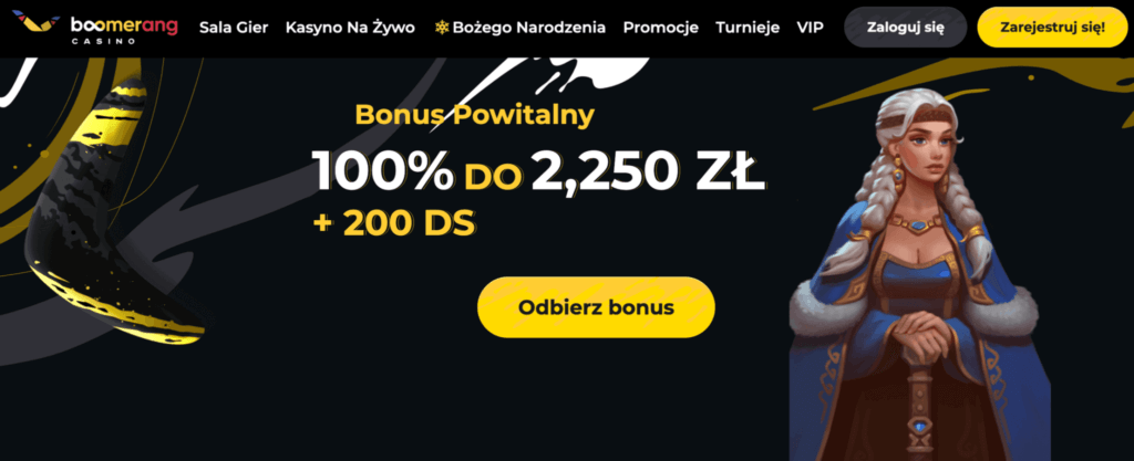 Strona startowa i oferta powitalna kasyna Boomerang.