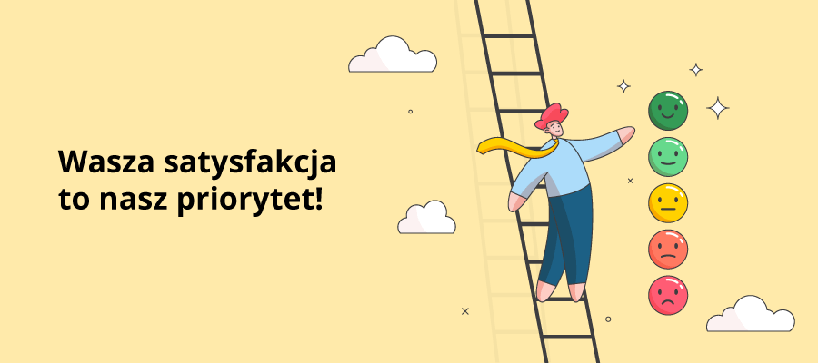 Infografika z człowiekiem na drabinie pokazującym najwyższą ocenę w formie bardzo zadowolonej, zielonej buźki.