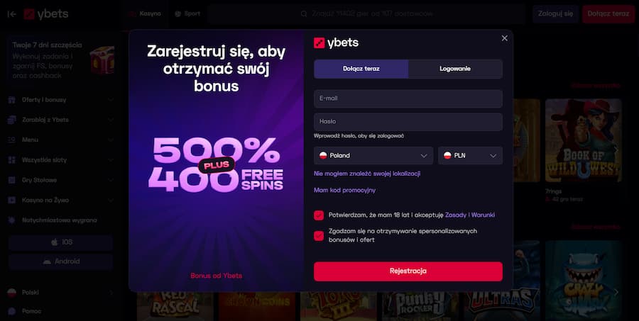 Okno rejestracji w kasynie Ybets.