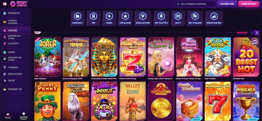 Sekcja gier w kasynie Roby Casino.